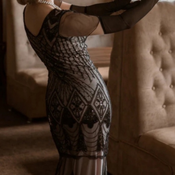 NWOT PINK AND BLACK 1920S CAP SLEEVE SEQUIN EVENING DRESS Medium - Picture 2 of 13